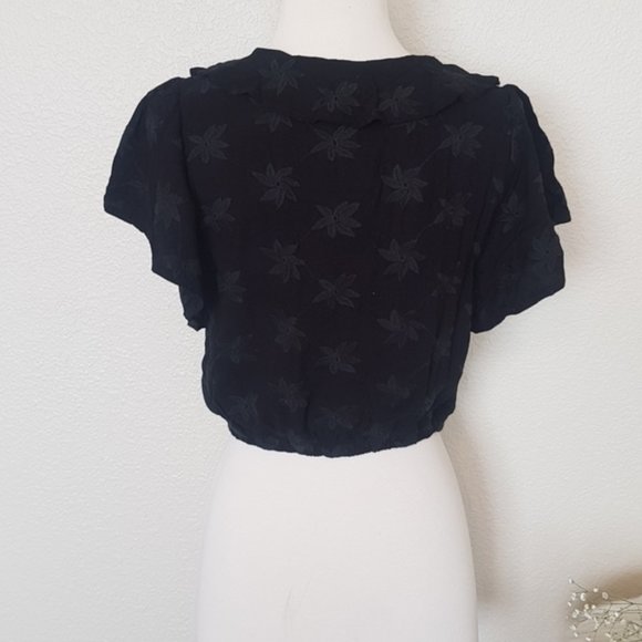 Mustard Seed Floral Embroidered Black Ruffle Crop - Picture 5 of 7